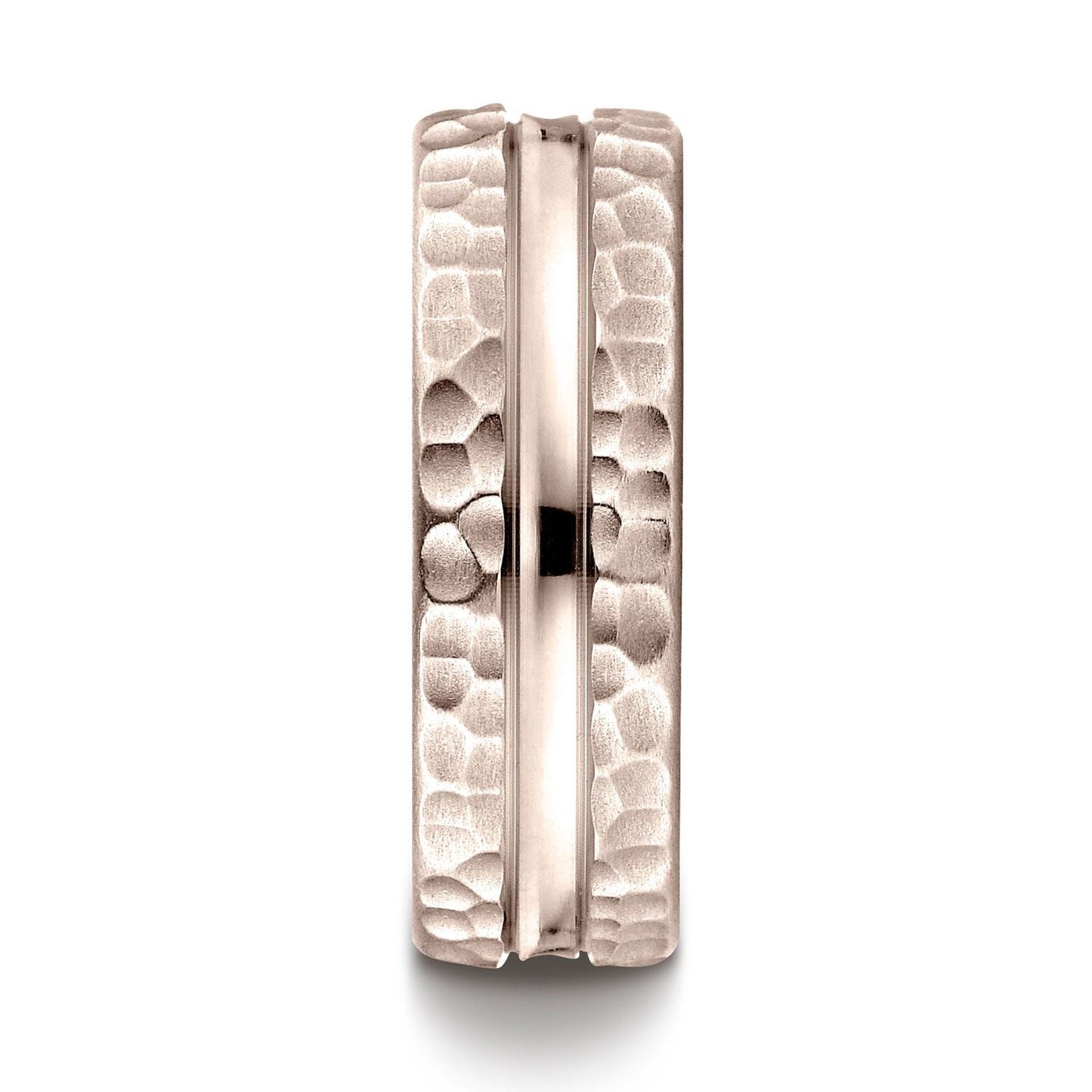 แหวนทองคำชมพู 14k ขนาด 7.5 มม. แบบสบาย ฟินิชแบบตีให้เรียบ ดีไซน์ตัดกลาง