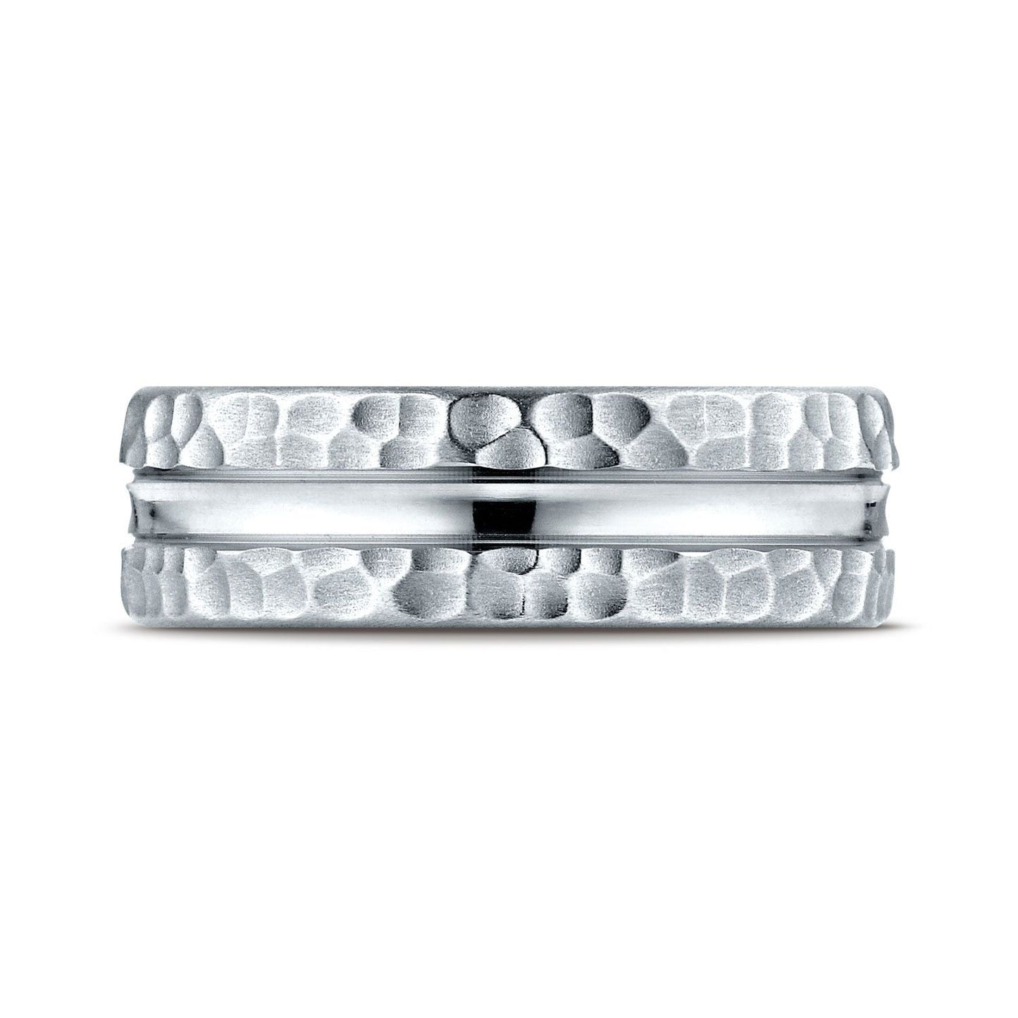 7.5mm Hammered Finish Carved Wedding Band, in Platinum | RockHer
