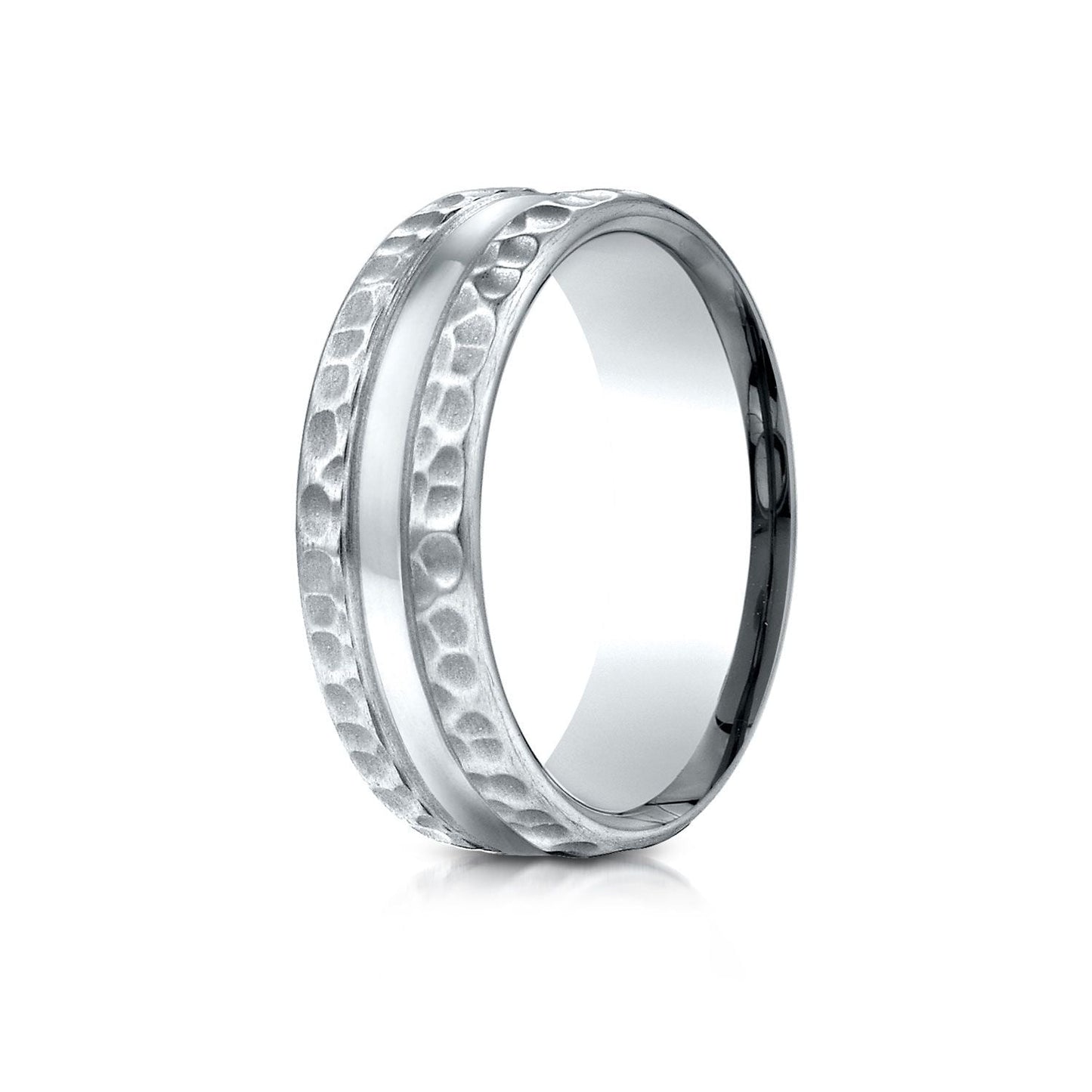 7.5mm Hammered Finish Carved Wedding Band, in 14K White Gold | RockHer