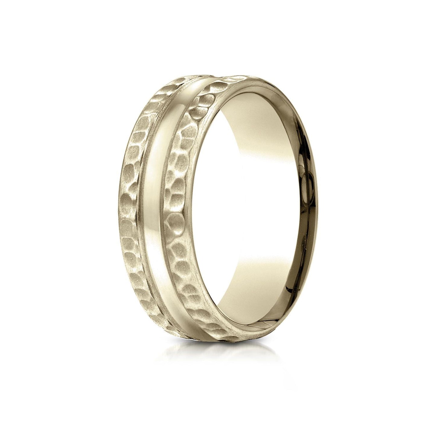 7.5mm Hammered Finish Carved Wedding Band, in 18K Yellow Gold | RockHer