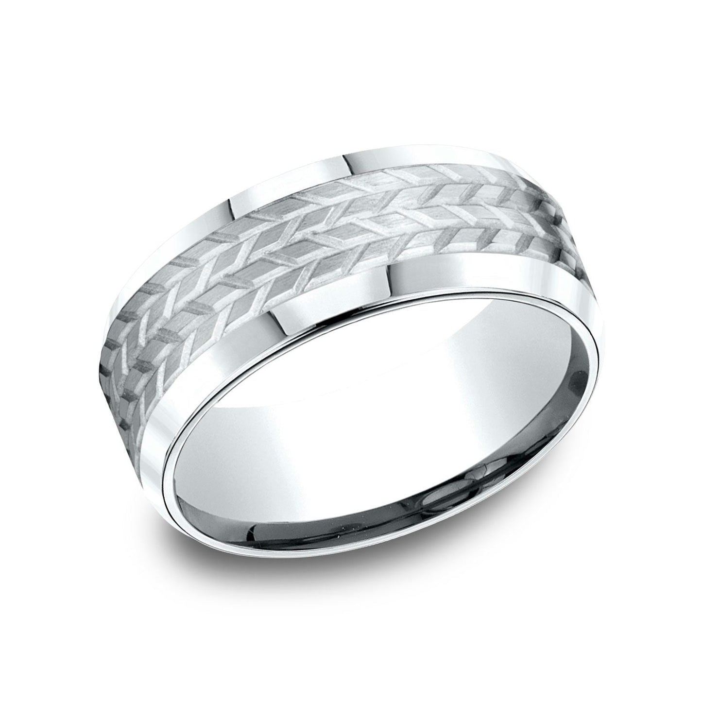 แหวนทองคำขาว 14k ขนาด 8 มม. แบบสวมใส่สบาย ขอบเอียง ดีไซน์ลายร่อง