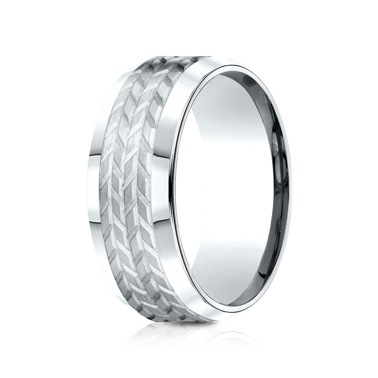 8mm Beveled Edge Treaded Carved Wedding Band, in 18K White Gold | RockHer