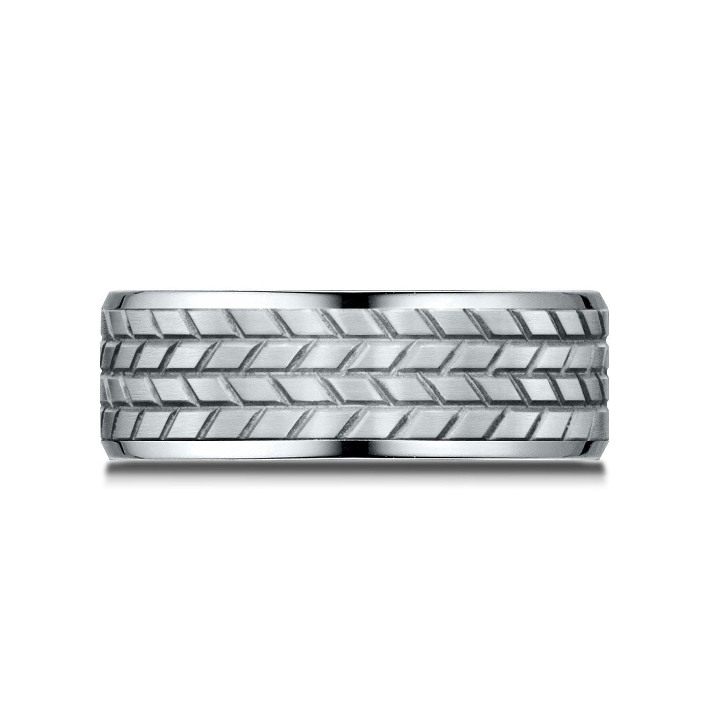 8mm Beveled Edge Treaded Carved Wedding Band, in Platinum | RockHer