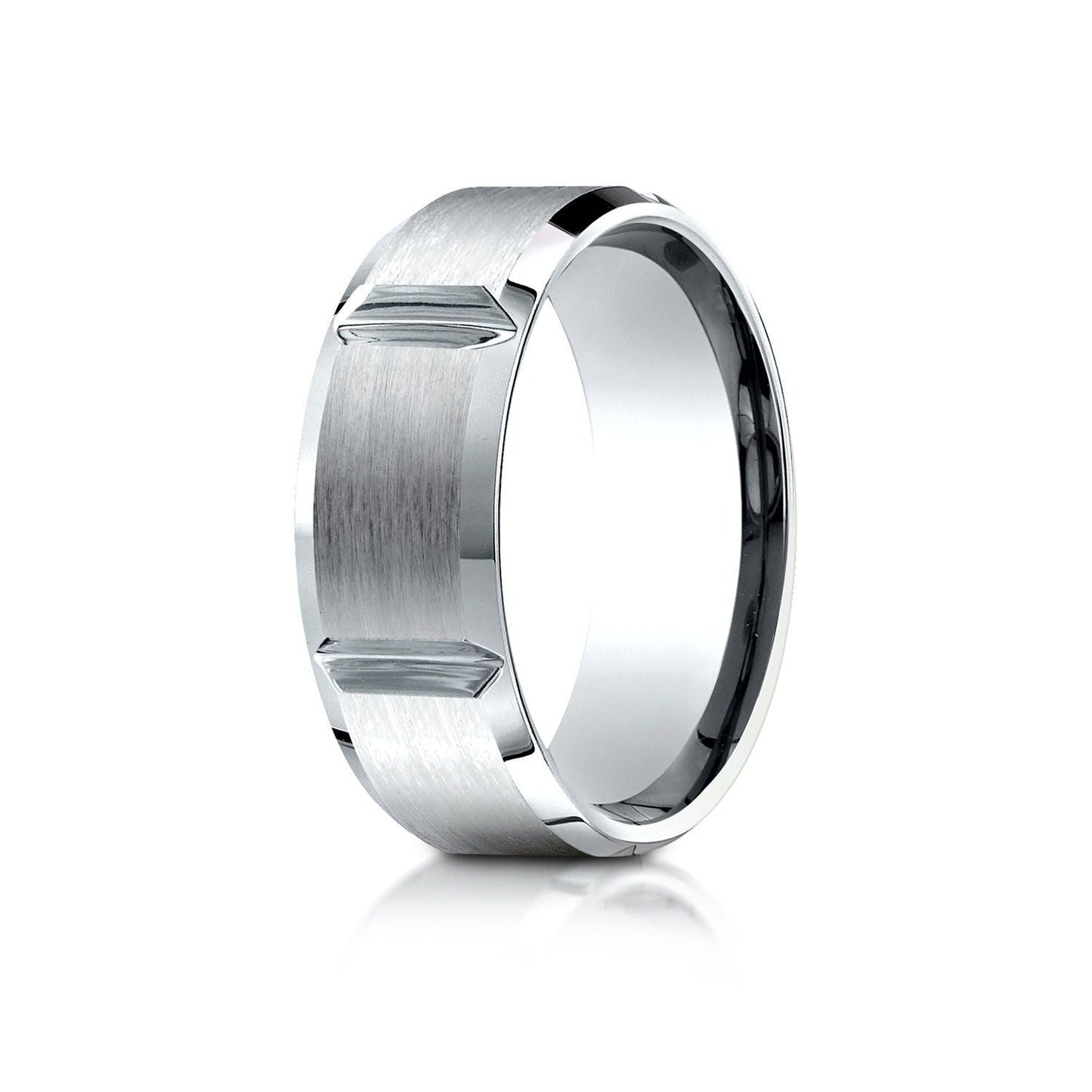 8mm Satin Finish Grooves Carved Wedding Band, in 18K White Gold | RockHer