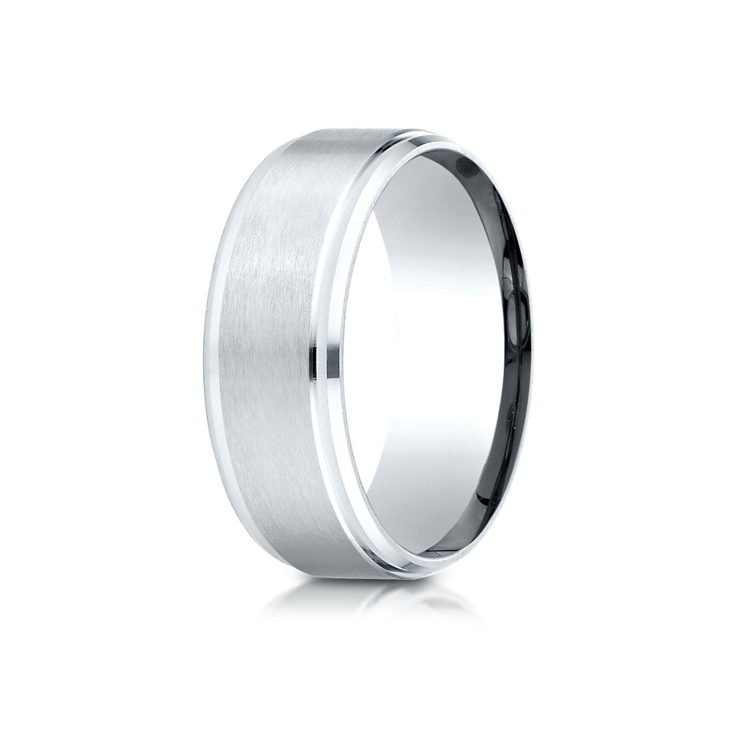 8mm Satin Finish High Polished Beveled Edge Carved Wedding Band, in 18K White Gold | RockHer