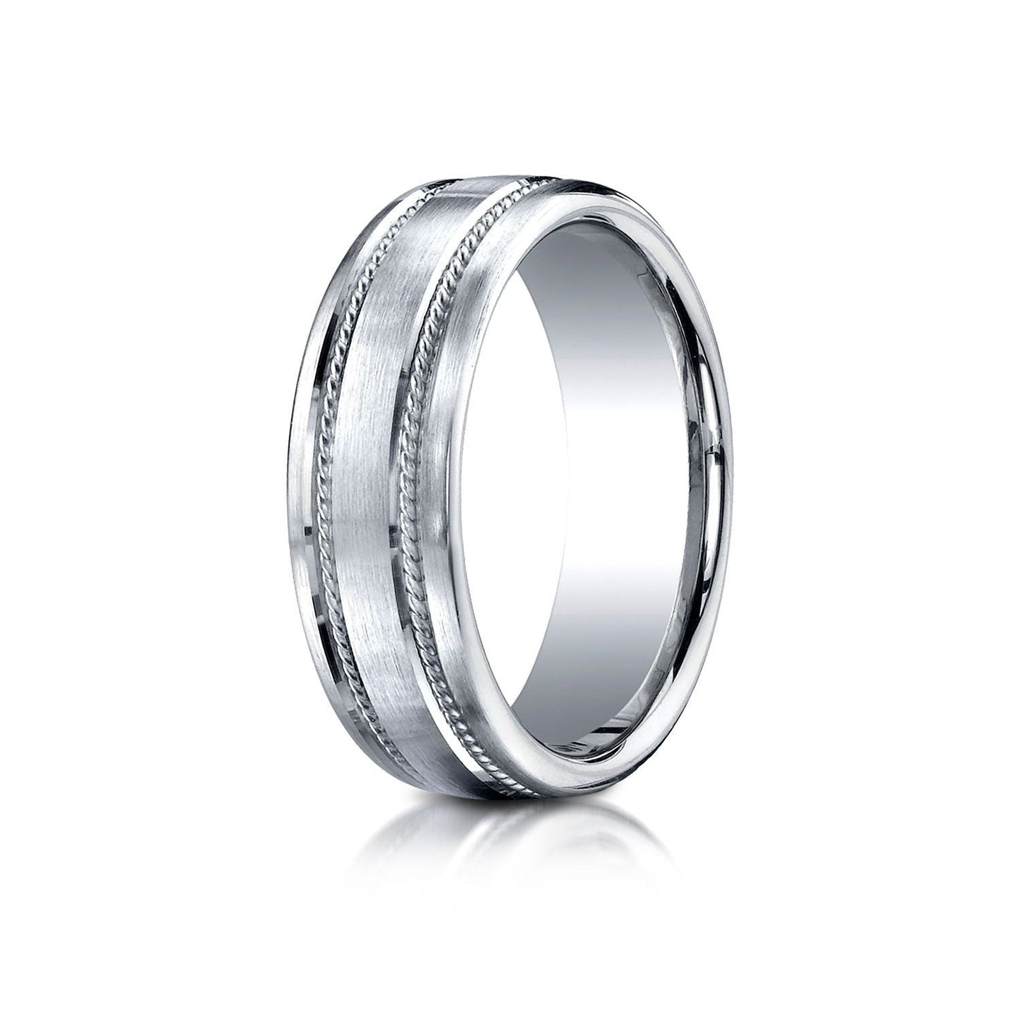 7.5mm Satin Finish Rope Carved Wedding Band, in 18K White Gold | RockHer
