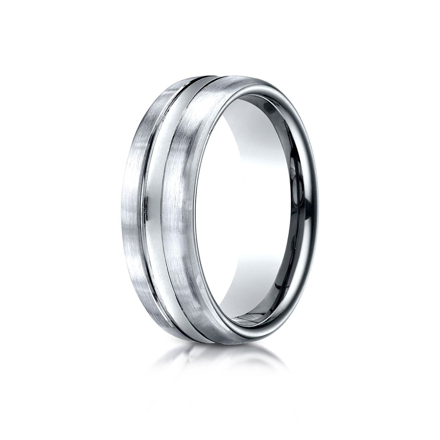 7.5mm Satin Finish High Polished Center Cut Carved Wedding Band, in 18K White Gold | RockHer