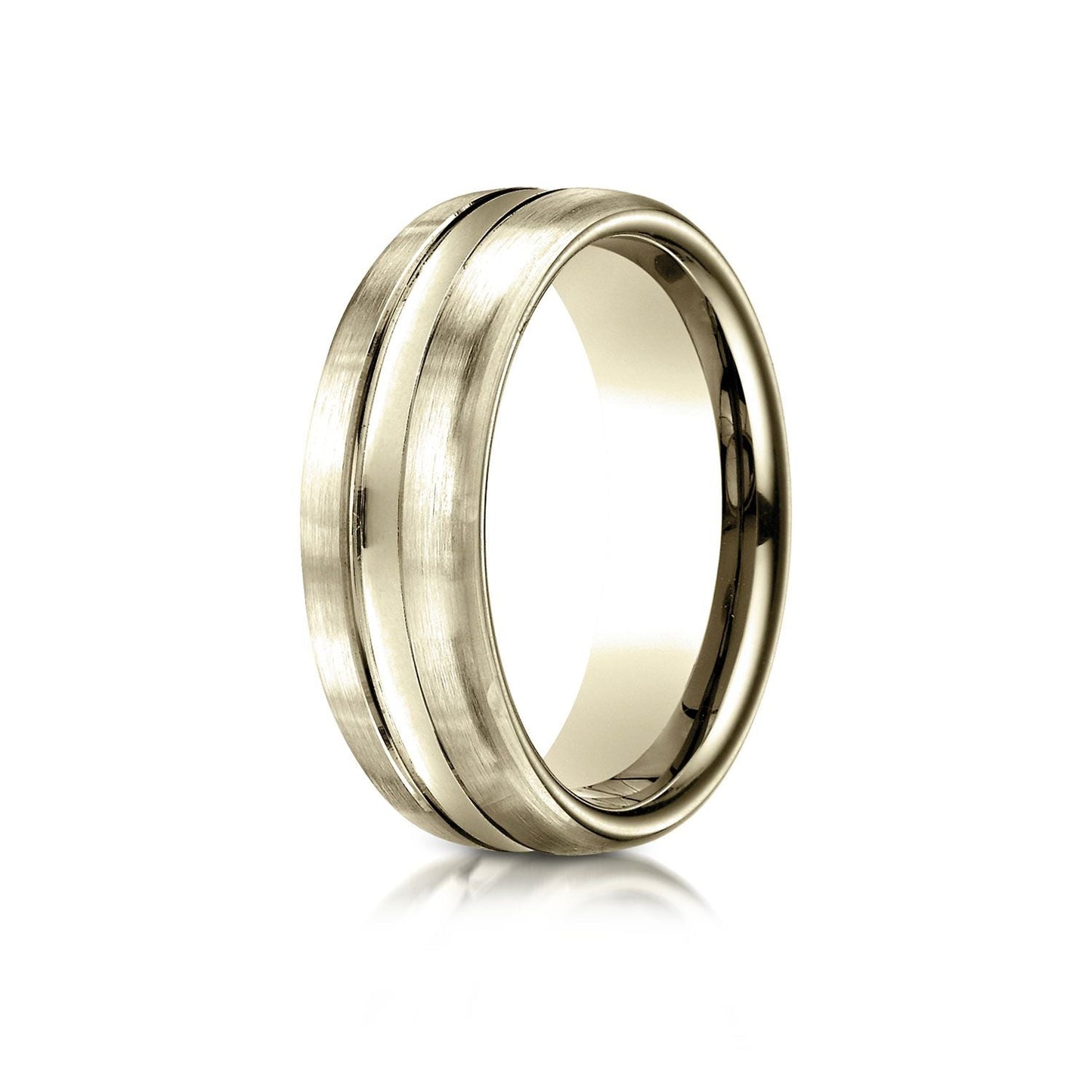 7.5mm Satin Finish High Polished Center Cut Carved Wedding Band, in 14K Yellow Gold | RockHer