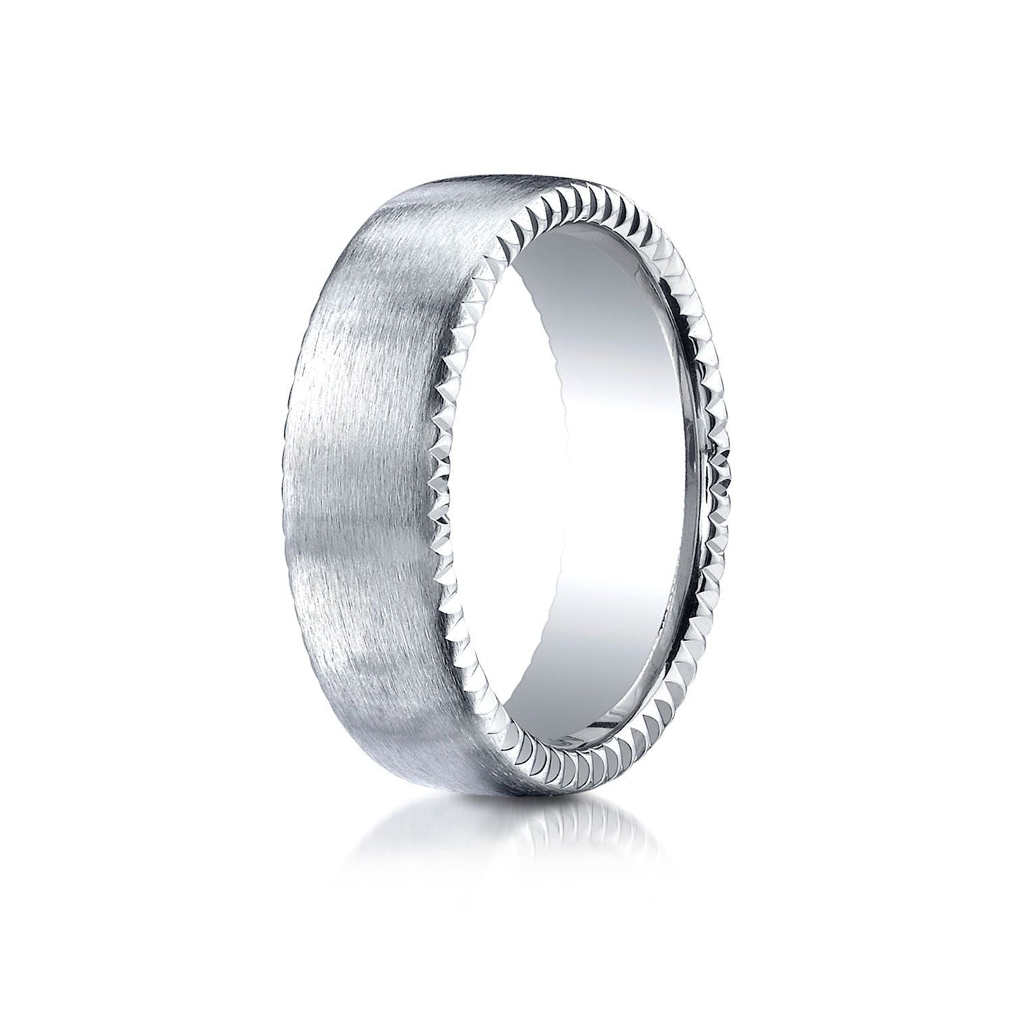 7.5mm Satin Finish Carved Wedding Band, in 18K White Gold | RockHer