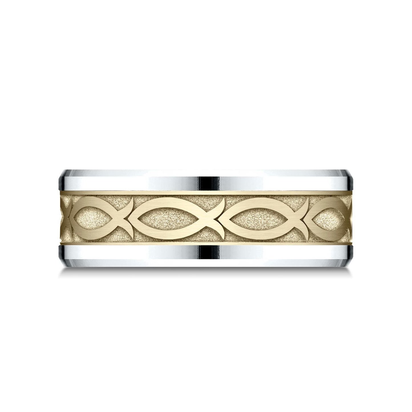8mm Drop Bevel Ichthys Carved Wedding Band, in 14K White Gold | RockHer