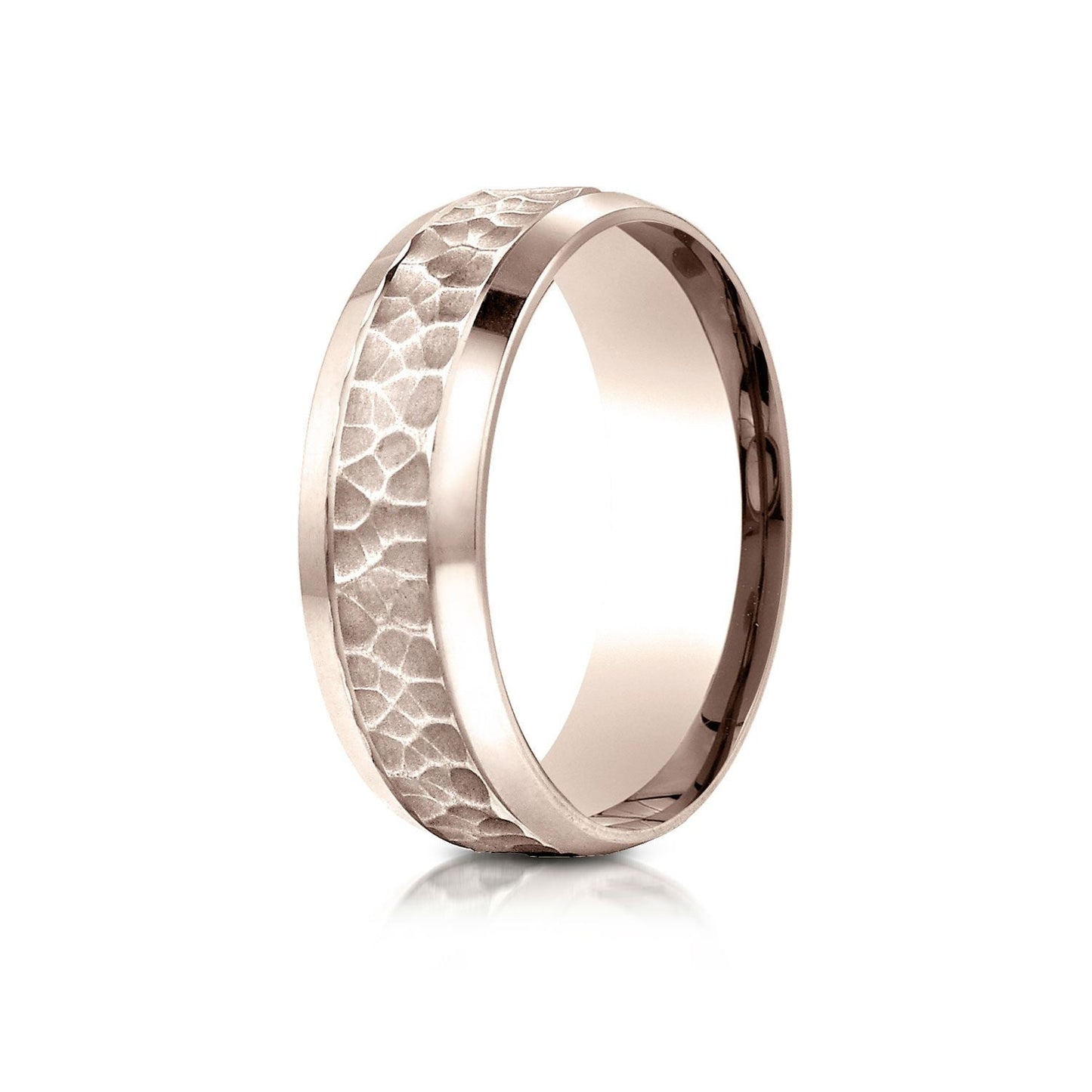 7.5mm Hammered Finish Beveled Edge Carved Wedding Band, in 14K Rose Gold | RockHer