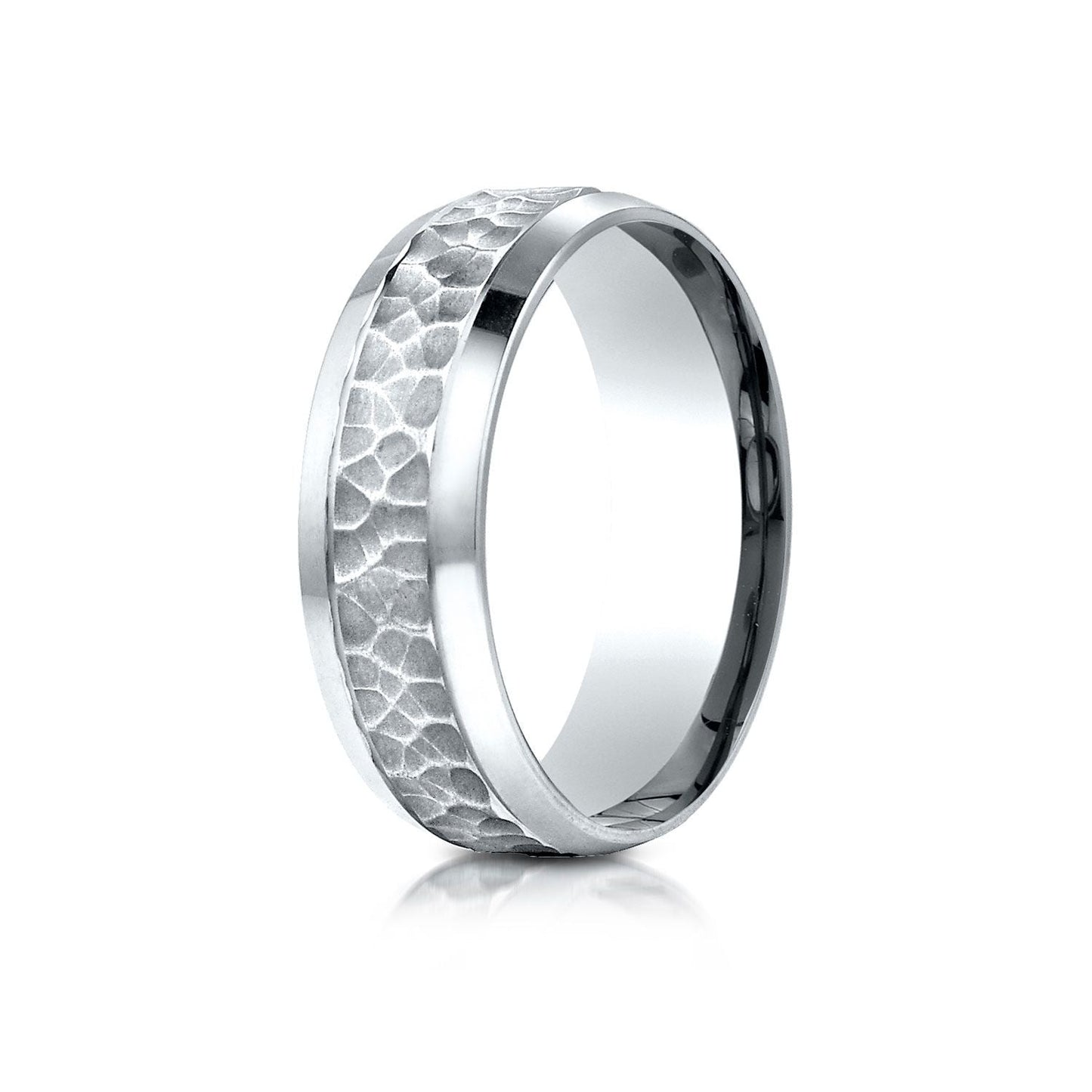 7.5mm Hammered Finish Beveled Edge Carved Wedding Band, in 18K White Gold | RockHer