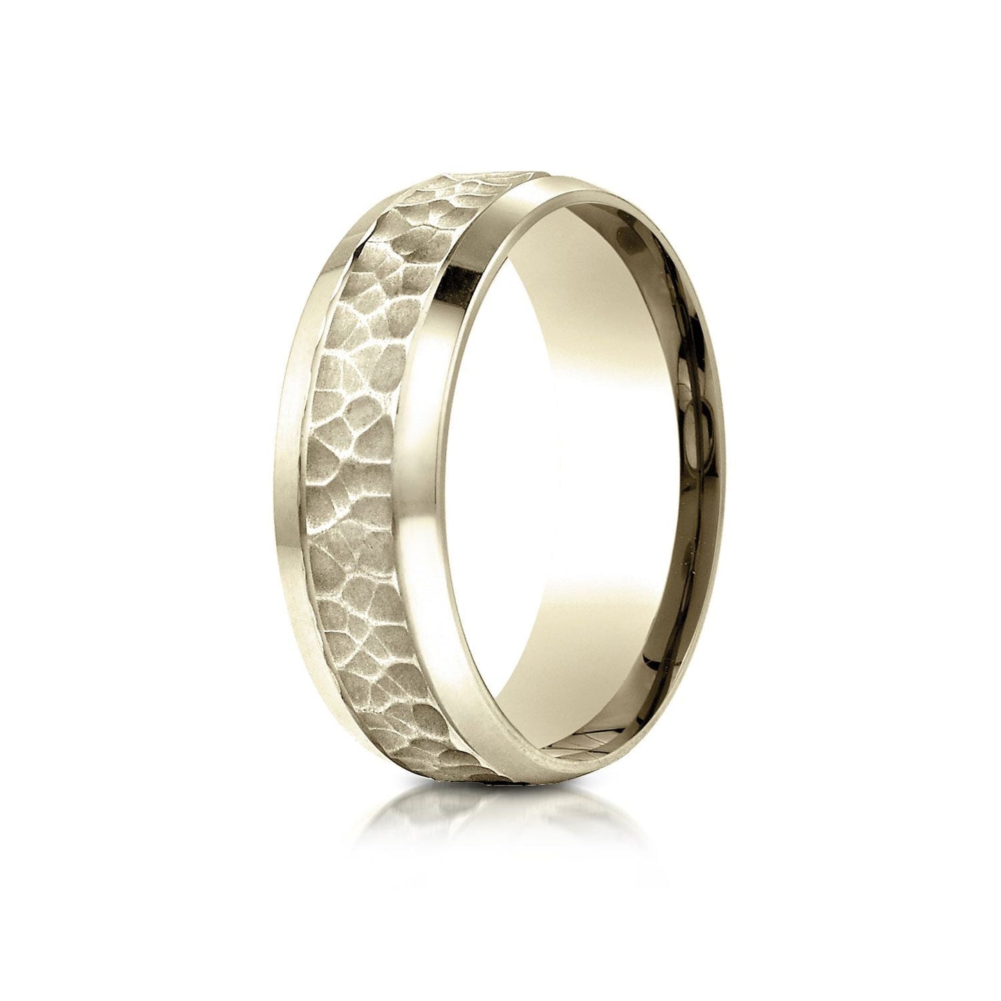7.5mm Hammered Finish Beveled Edge Carved Wedding Band, in 14K Yellow Gold | RockHer