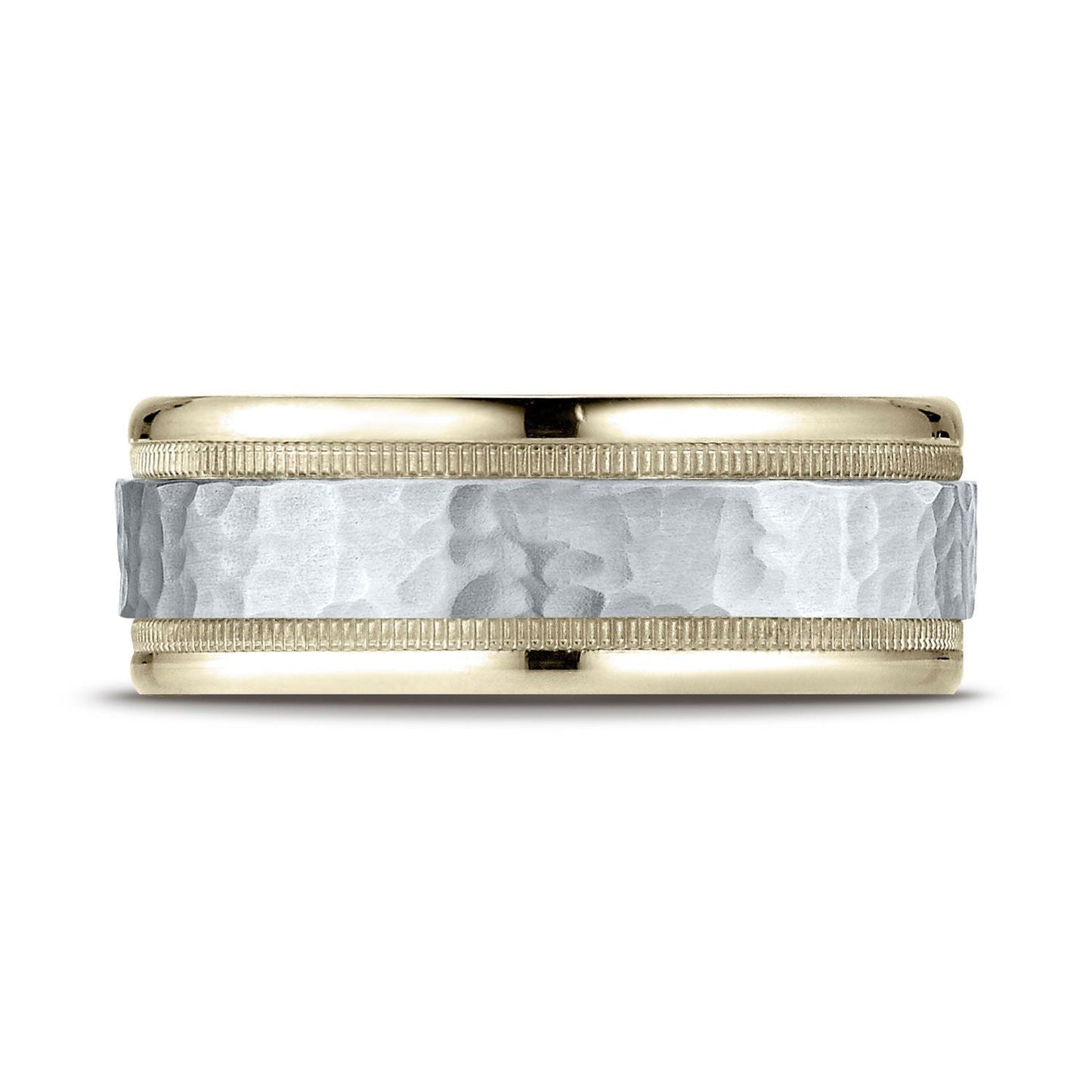 8mm Hammered Finish Milgrain Carved Wedding Band, in 14K White Gold | RockHer