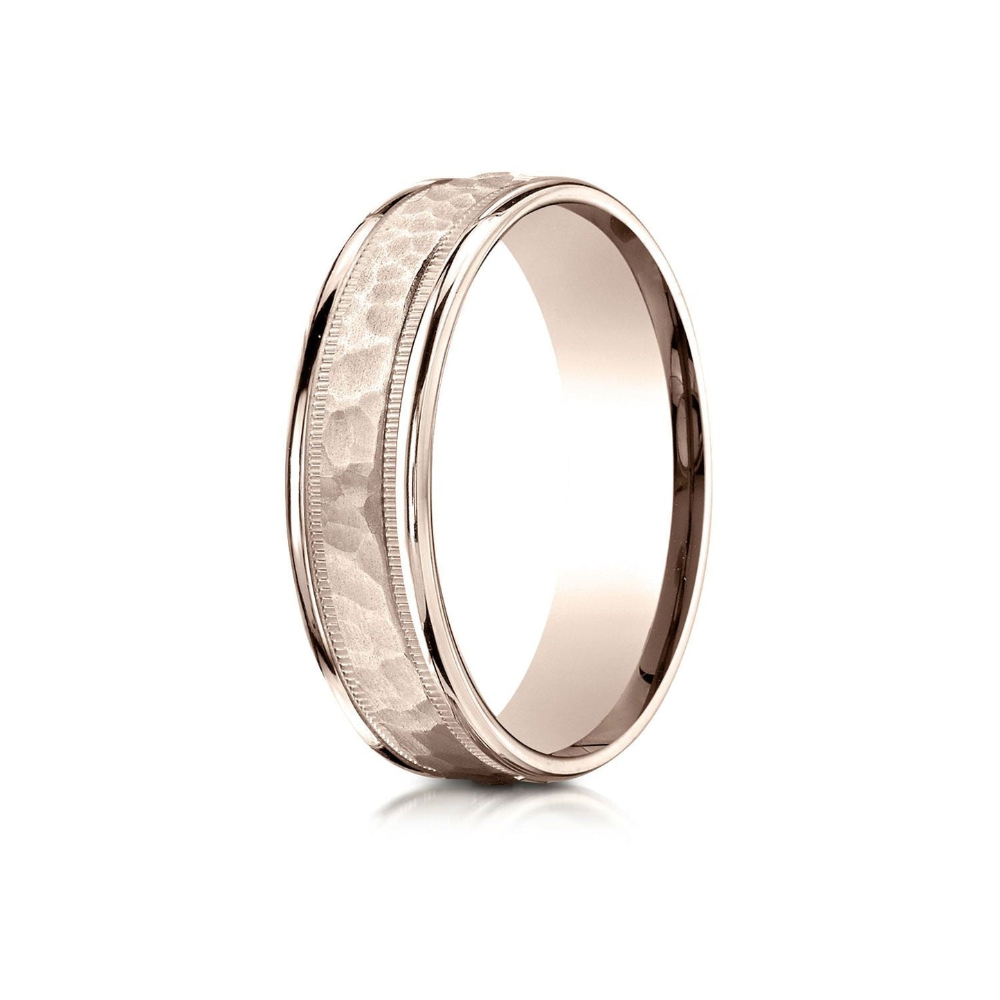 6mm Hammered Center High Polish Round Edge Carved Wedding Band, in 14K Rose Gold | RockHer