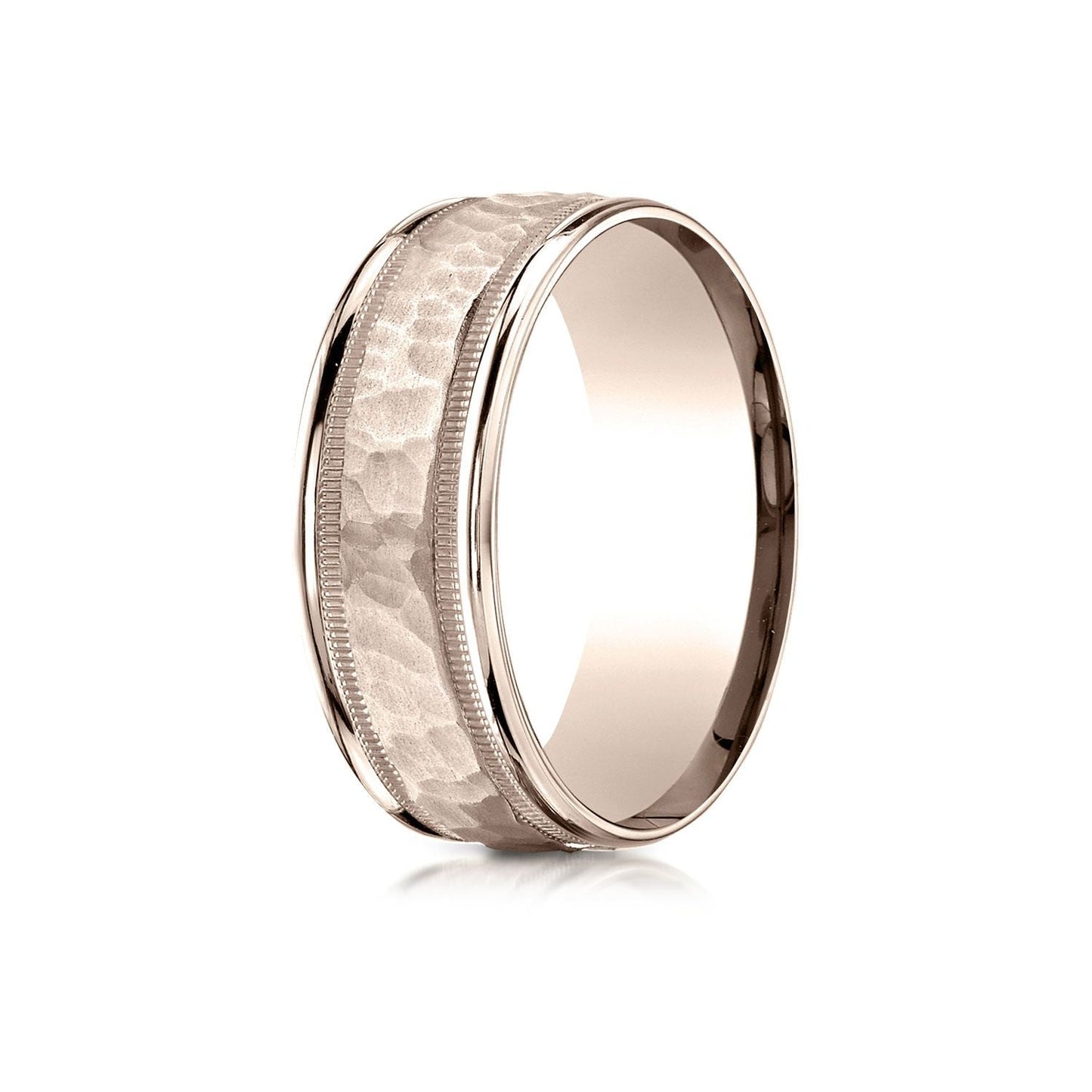 8mm Hammered Center High Polish Round Edge Carved Wedding Band, in 14K Rose Gold | RockHer