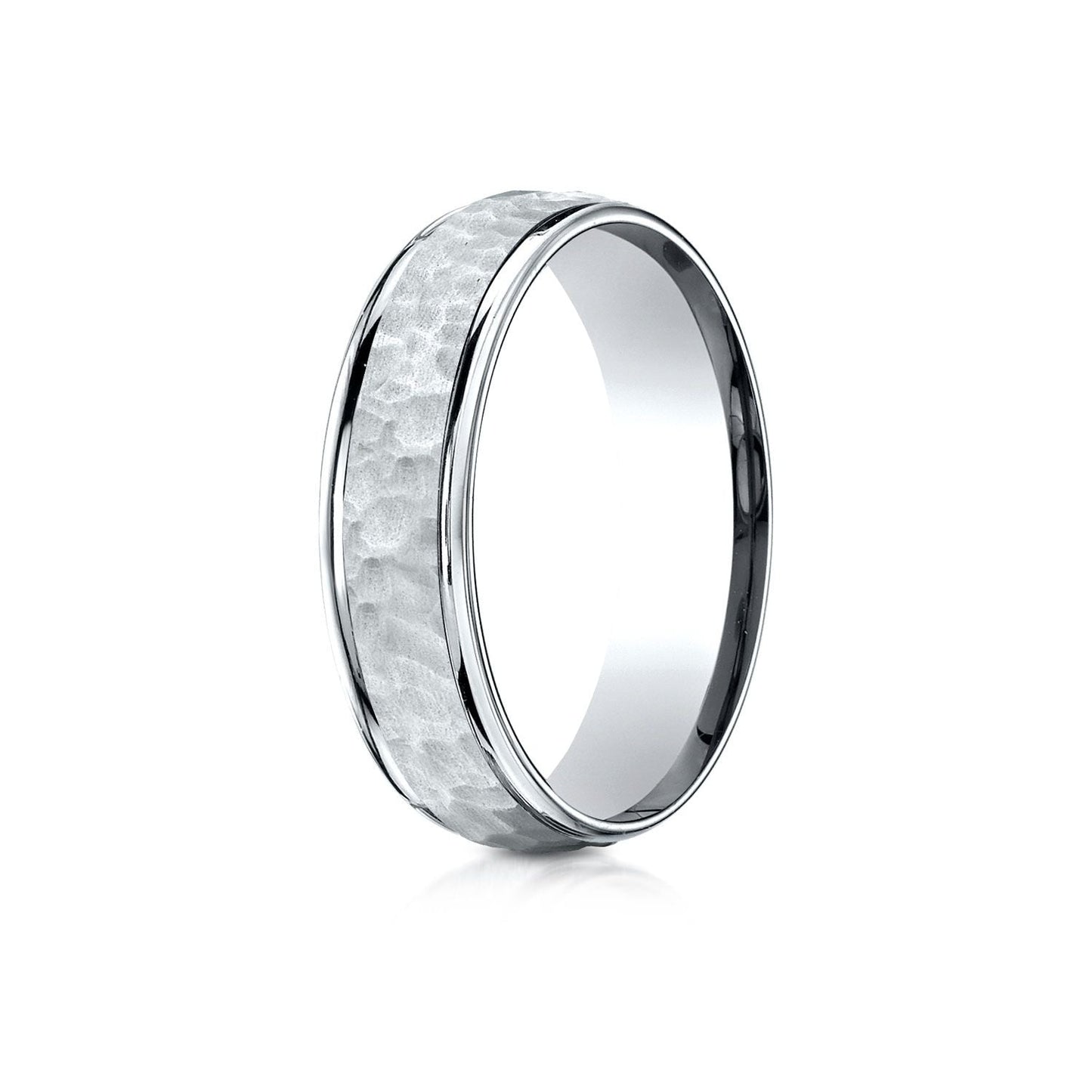 6mm Hammered Finish Carved Wedding Band, in 18K White Gold | RockHer