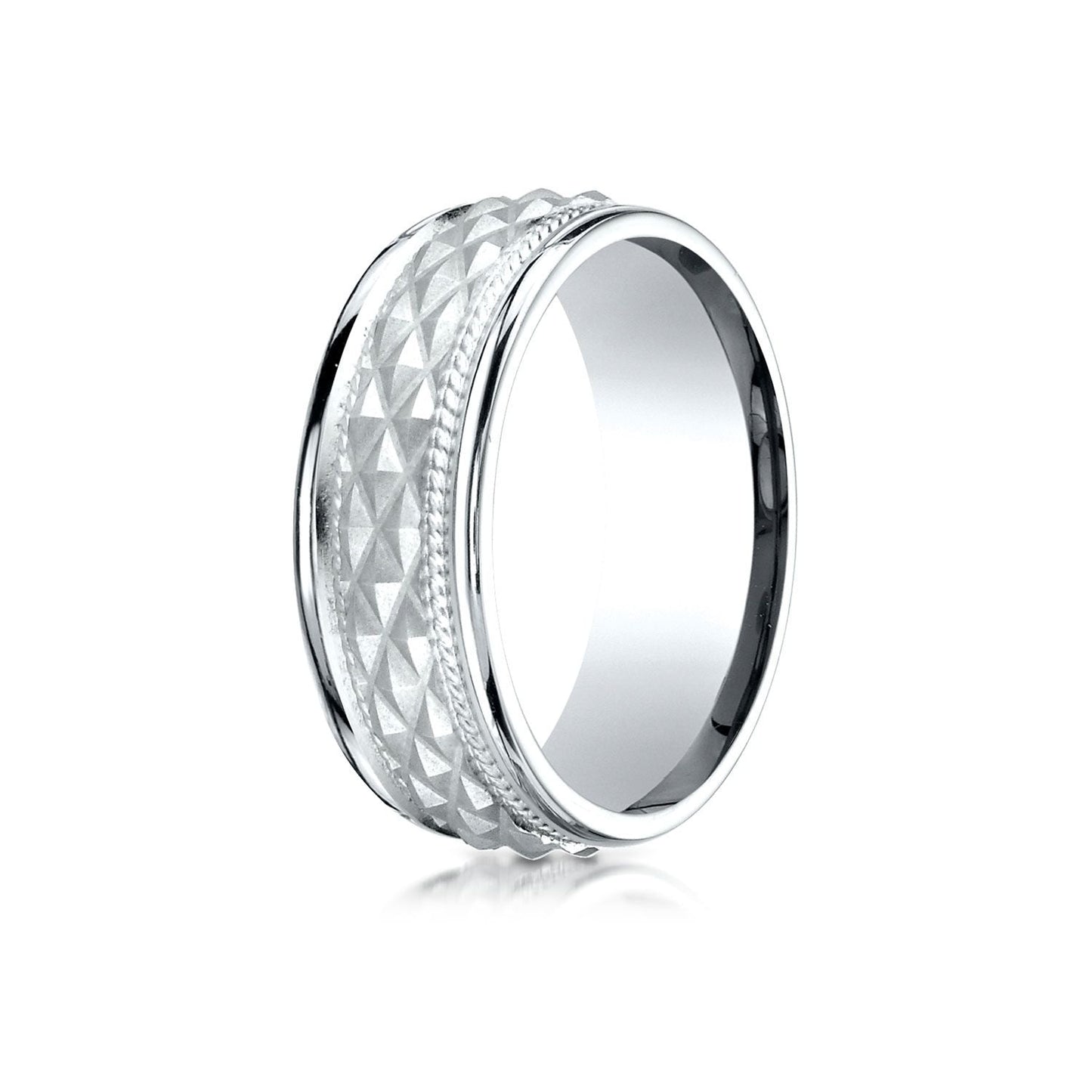 8mm High Polish Cross Hatch Center Carved Wedding Band, in 14K White Gold | RockHer