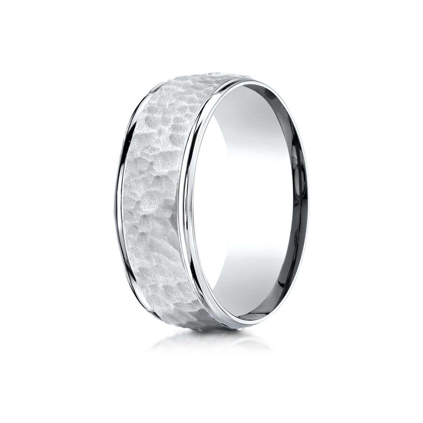 8mm Hammered Finish Carved Wedding Band, in 18K White Gold | RockHer