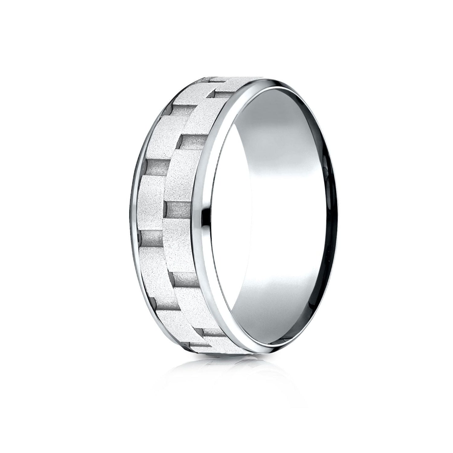 8mm Satin Finish Carved Wedding Band, in 14K White Gold | RockHer