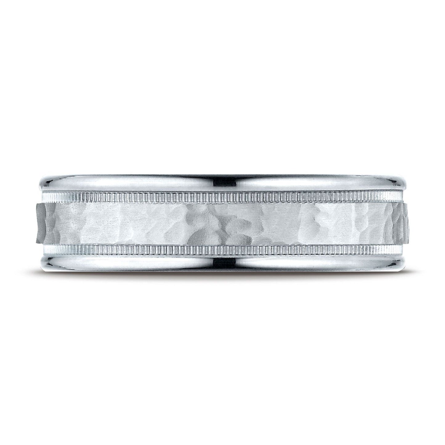 6mm Hammered Center High Polish Round Edge Carved Wedding Band, in Platinum | RockHer