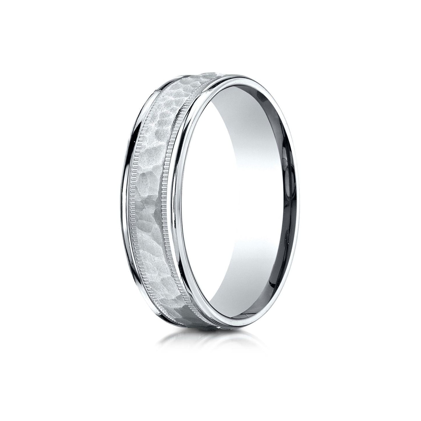 6mm Hammered Center High Polish Round Edge Carved Wedding Band, in 14K White Gold | RockHer