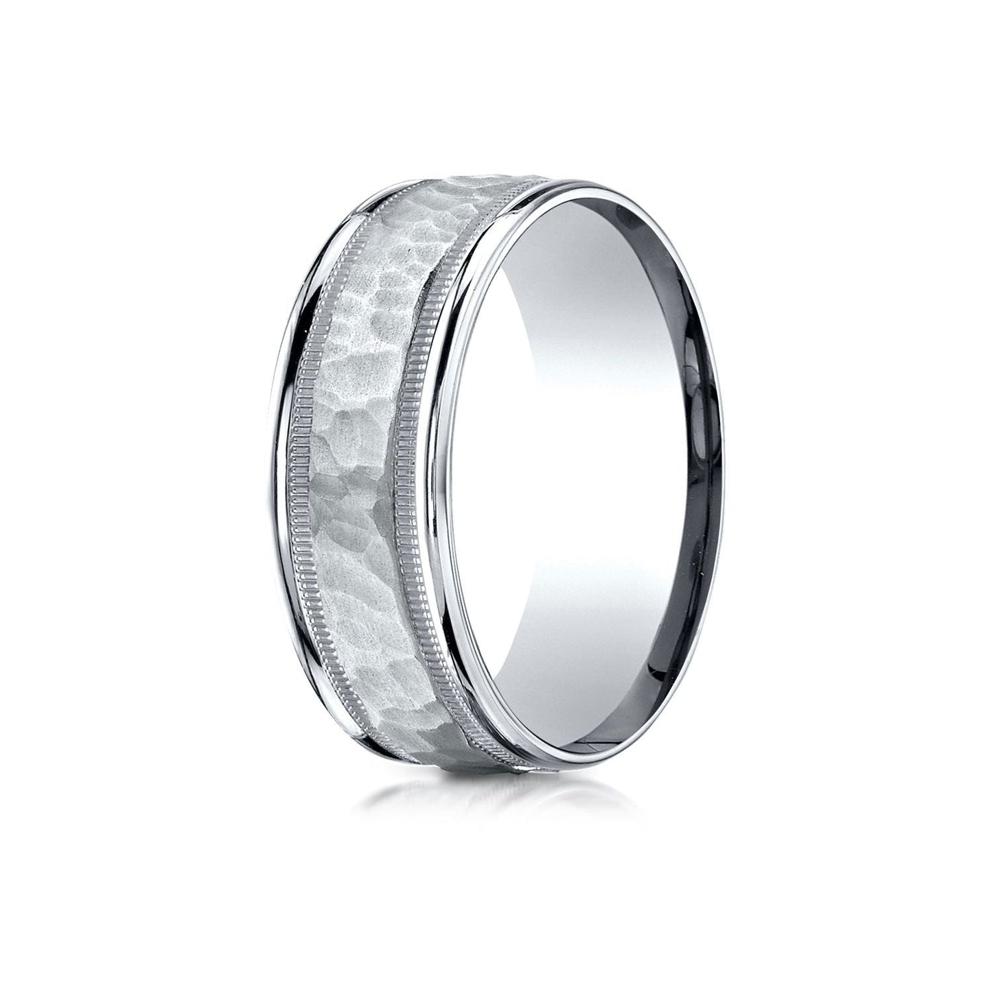 8mm Hammered Center High Polish Round Edge Carved Wedding Band, in 18K White Gold | RockHer
