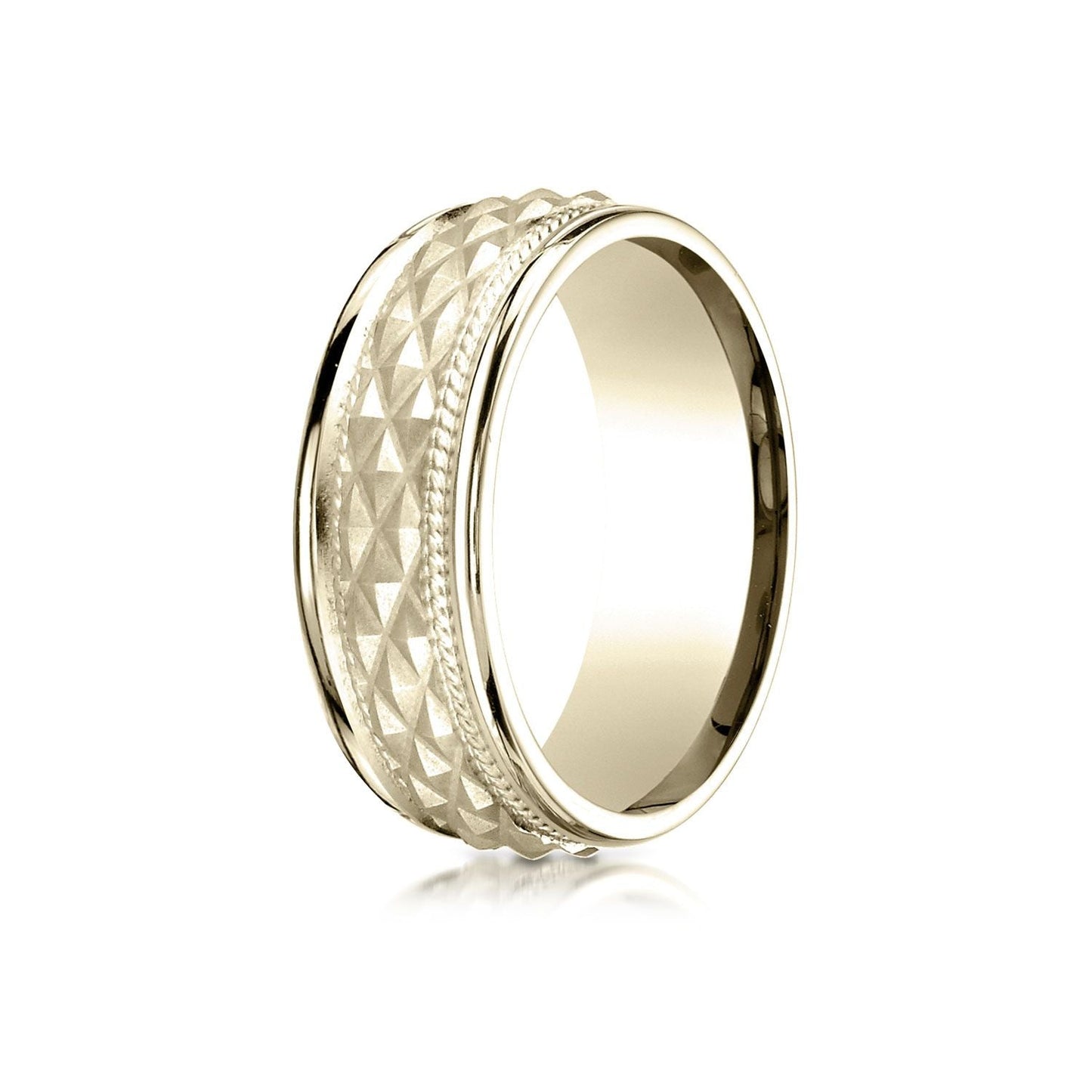 8mm High Polish Cross Hatch Center Carved Wedding Band, in 14K Yellow Gold | RockHer