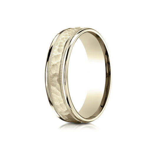 14 Karat Yellow Gold 6mm Comfort-fit Hammered Center High Polish Round Edge Carved Design Band