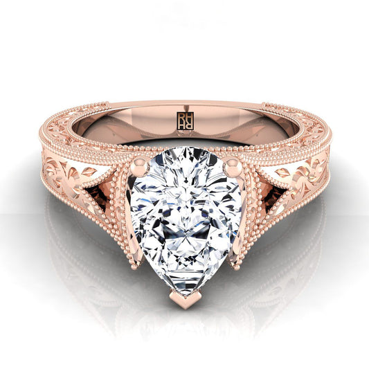 14K Rose Gold Pear Shape Center Hand Engraved and Milgrain Vintage Solitaire Engagement Ring