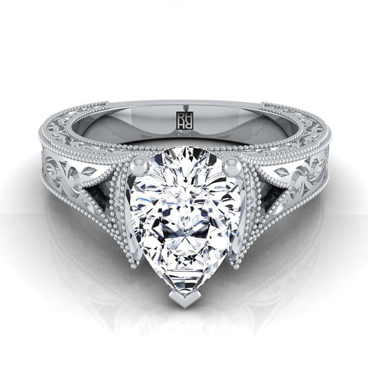 14K White Gold Pear Shape Center Hand Engraved and Milgrain Vintage Solitaire Engagement Ring