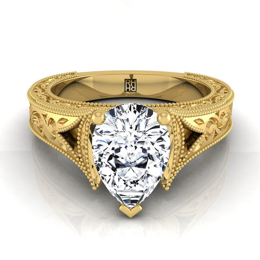 18K Yellow Gold Pear Shape Center Hand Engraved and Milgrain Vintage Solitaire Engagement Ring