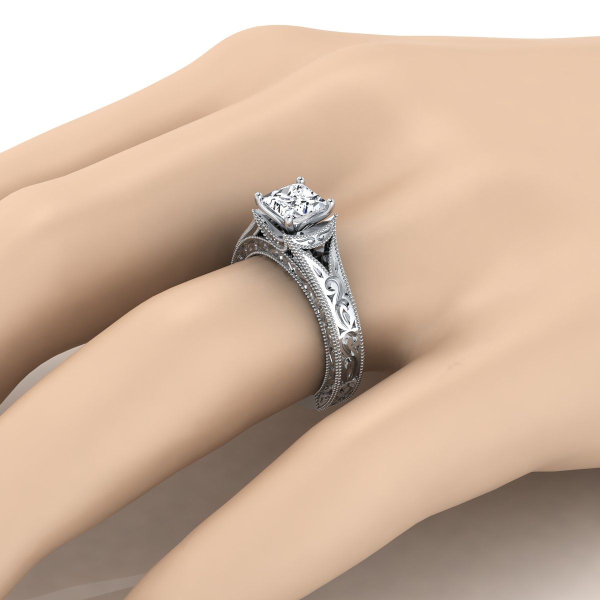Hand-Engraved Milgrain Vintage Solitaire Princess, in 18K White Gold, prong setting – detail view | RockHer