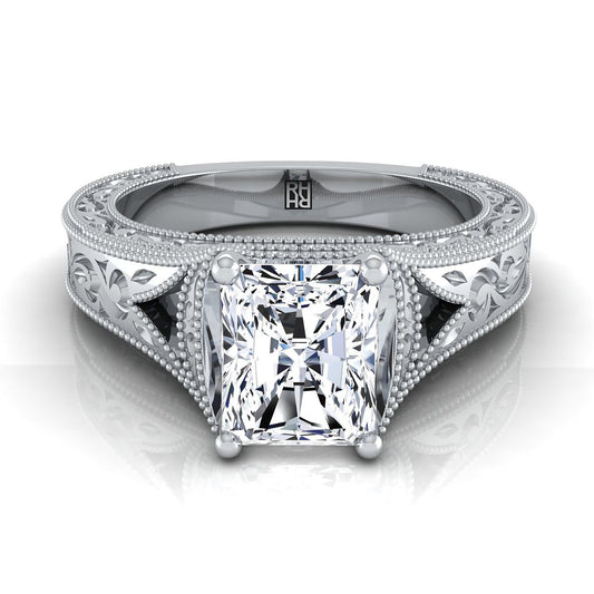 14K White Gold Radiant Cut Center Hand Engraved and Milgrain Vintage Solitaire Engagement Ring