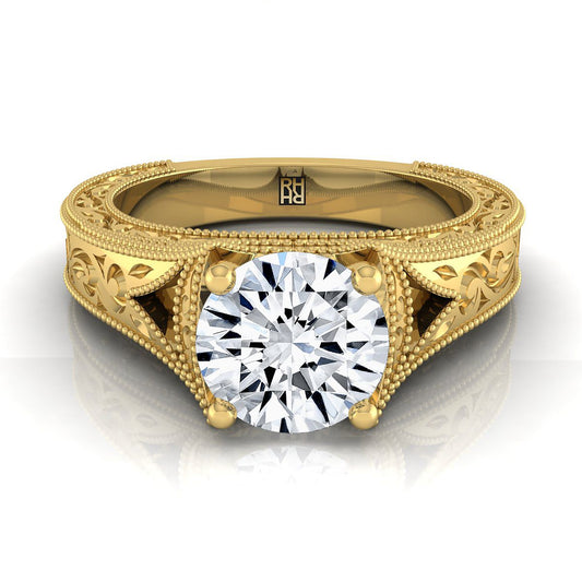 14K Yellow Gold Round Brilliant Hand Engraved and Milgrain Vintage Solitaire Engagement Ring