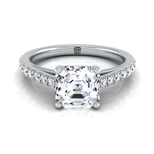 14K White Gold Asscher Cut Diamond French Pave Cathedral Style Solitaire Engagement Ring -1/4ctw