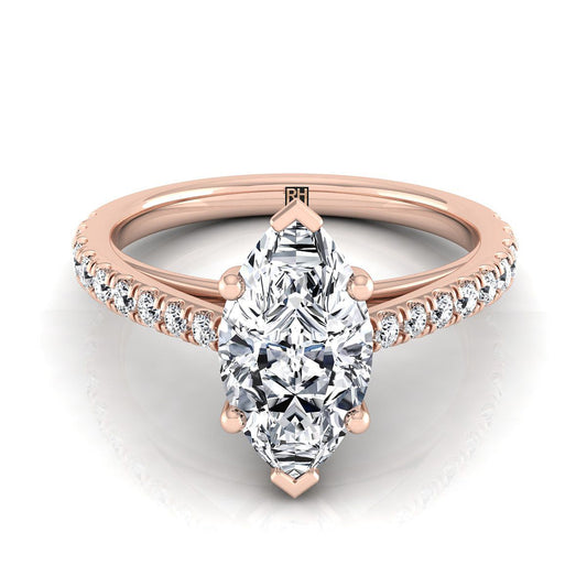 14K Rose Gold Marquise Diamond French Pave Cathedral Style Solitaire Engagement Ring -1/4ctw