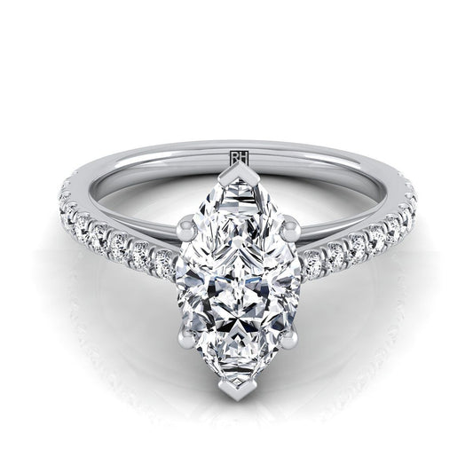 18K White Gold Marquise Diamond French Pave Cathedral Style Solitaire Engagement Ring -1/4ctw