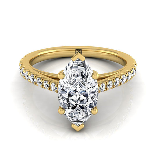 14K Yellow Gold Marquise Diamond French Pave Cathedral Style Solitaire Engagement Ring -1/4ctw