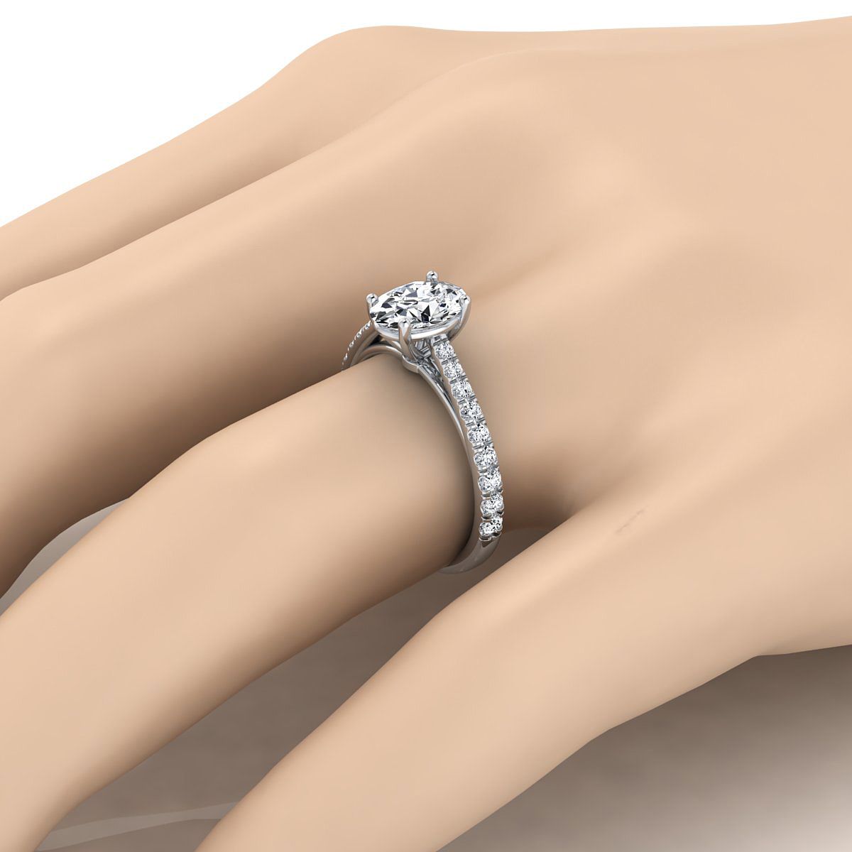 18K White Gold Oval Diamond French Pave Cathedral Style Solitaire Engagement Ring -1/4ctw