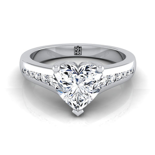 18K White Gold Heart Shape Center Contemporary Tapered Diamond Channel Engagement Ring -1/6ctw