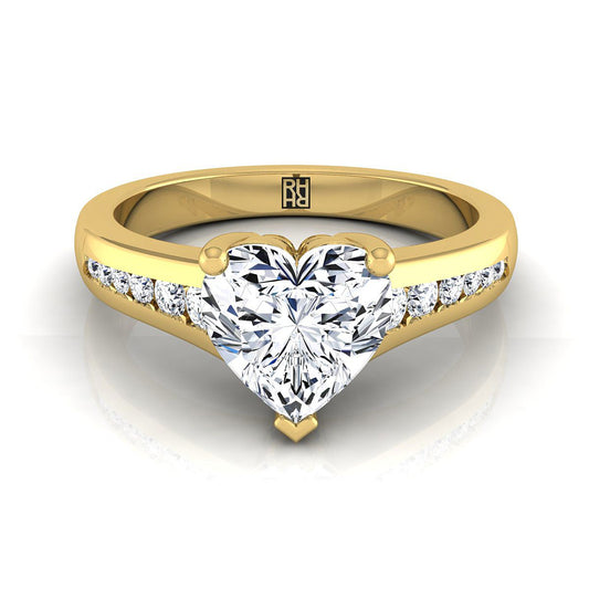 14K Yellow Gold Heart Shape Center Contemporary Tapered Diamond Channel Engagement Ring -1/6ctw