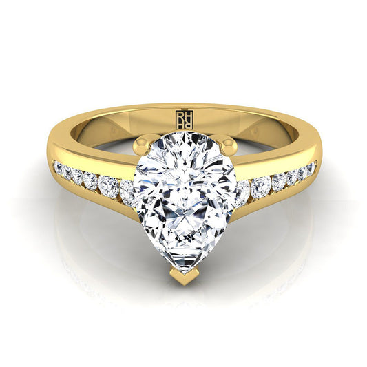 18K Yellow Gold Pear Shape Center Contemporary Tapered Diamond Channel Engagement Ring -1/6ctw