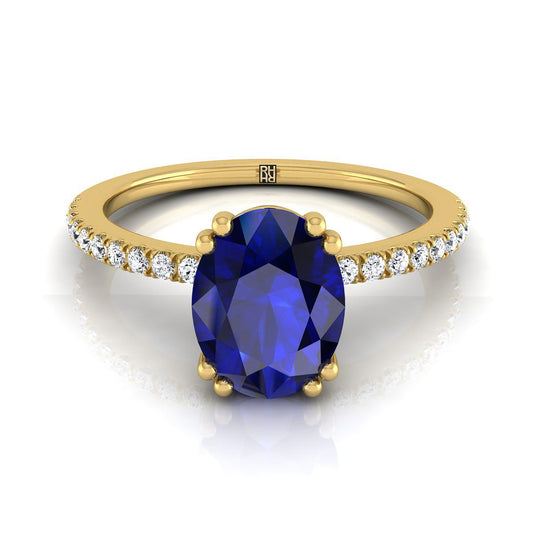 18K Yellow Gold Oval Sapphire Simple French Pave Double Claw Prong Diamond Engagement Ring -1/6ctw