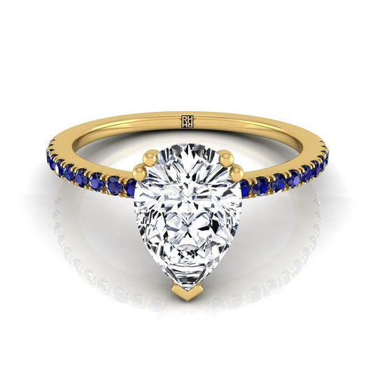 14K Yellow Gold Pear Shape Center Simple French Pave Double Claw Prong Diamond Engagement Ring