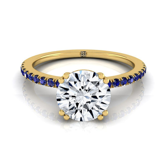 14K Yellow Gold Round Brilliant Simple French Pave Double Claw Prong Diamond Engagement Ring