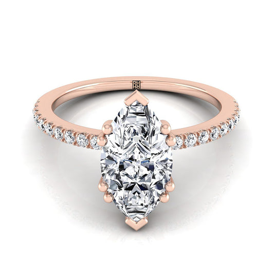 14K Rose Gold Marquise Diamond Simple French Pave Double Claw Prong Engagement Ring -1/6ctw