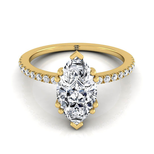 14K Yellow Gold Marquise Diamond Simple French Pave Double Claw Prong Engagement Ring -1/6ctw