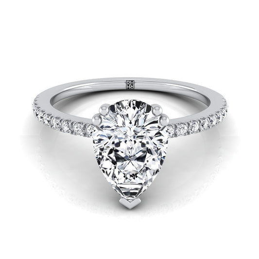 Platinum Pear Shape Center Diamond Simple French Pave Double Claw Prong Engagement Ring -1/6ctw