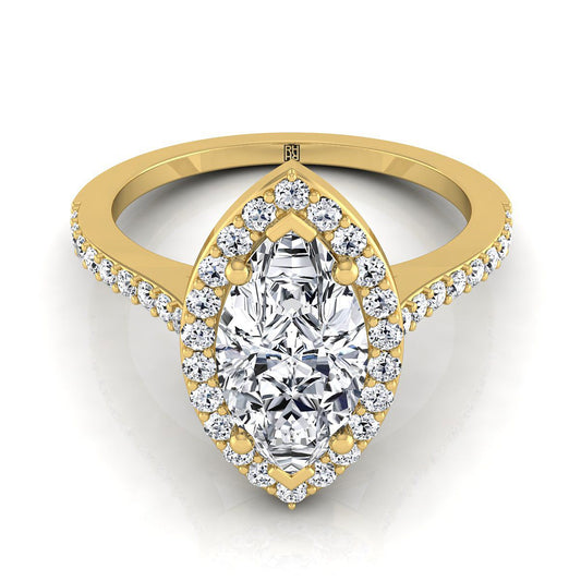 14K Yellow Gold Marquise Classic French Pave Diamond Halo and Linear Engagement Ring -1/3ctw